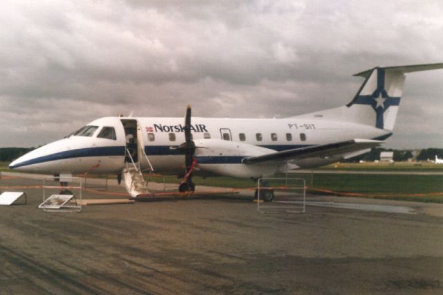 Embraer EMB-120 Brasilia (PT-SIT) - On display in Sep-86 at the 1986 Farnborough Airshow.br /br /Delivered to Norsk Air 11-Sep-86 as LN-KOC,br /reregistered N72157 8-Apr-97,br /then exported to Spain 26-Mar-98 as EC-GTJ.br /Destroyed 14-Jan-02 near Zaldívar.