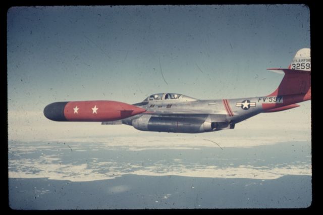 — — - 1958 - F-89D Scorpion, Interceptor aircraft, riding the target near Thule AFB, Greenland.  Equipped with 104 unguided rocket missiles located in launch-tube pods in front of the wing-tip fuel tanks.