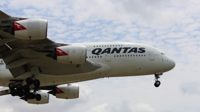 Airbus A380-800 (VH-OQH) - Coming in for a landing as seen from near Founder's Plaza on 5/26/2019.