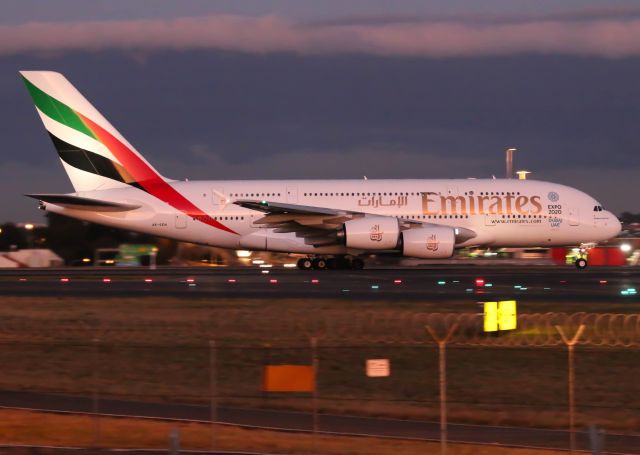 Airbus A380-800 (A6-EEH) - EK414 Departs Sydney for Dubai at 6am. Taken from The Mound with a 70-200mm