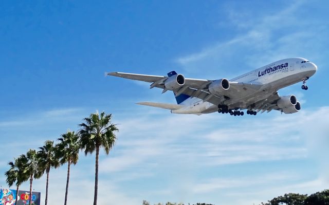 Airbus A380-800 (D-AIMD) - Lufthansa A380 arriving at LAX- Taken from the parking lot of In N Out.