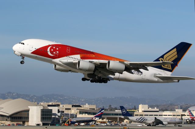 Airbus A380-800 (9V-SKI) - SIA A380 with 50th anniversary livery airborn RWY 25L at LAX.