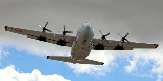 Lockheed C-130 Hercules (N130FF) - This is the "grounds-eye view" of an air tanker just before the drop begins.  (Grin)  Well, OK, there wasnt an actual drop of fire retardant taking place, but the view here is the same as if a drop WAS (* "WAS" is incorrect ... see Lucius Gravely comment below) WERE just about to occur.br /Tanker 31 (N130FF), a Lockheed EC-130Q (Coulson Next Generation Air Tanker #131), comes low overhead during an FAA certification flight at Reno Stead Airport.br /My sincere Thanks to Capt. Tim for the invitation to observe and photograph the days activities. 