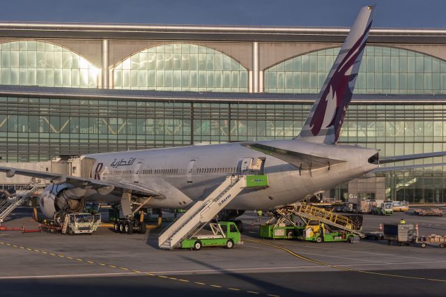 BOEING 777-300 (A7-BOH) - 24th March, 2024: Qatar's T7 (A7-BOH) wearing commemorative 25th Anniversary livery seen waiting at the gate at Istanbul Havalimani to operate their third daily flight (QR 246) back to Hamad International in Doha. (See http://www.planexplorer.net/Xploregallery/displayimage.php?pid=2062 )