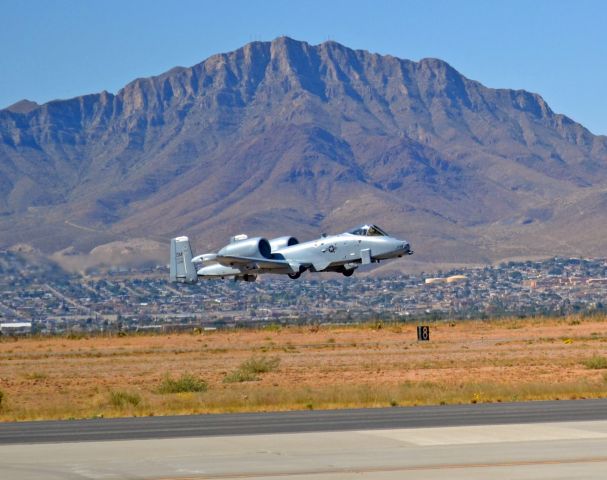 — — - Amigo Airsho 2011 in El Paso, TX. This airplane is affectionately called the Warthog by its pilots. To the rest of the world its known as the A-10 Thunderbolt. The A-10 has superior maneuverability at low speeds and altitude because of its large wing area, high wing aspect ratio, and large ailerons. The high aspect ratio wing also allows for short takeoffs and landings, permitting operations from primitive forward airfields near front lines. The aircraft can loiter for extended periods and operate under 1,000 ft (300 m) ceilings with 1.5 mi (2.4 km) visibility. It typically flies at a relatively slow speed of 300 knots (350 mph; 560 km/h), which makes it a much better platform for the ground-attack role than fast fighter-bombers, which often have difficulty targeting small and slow-moving targets