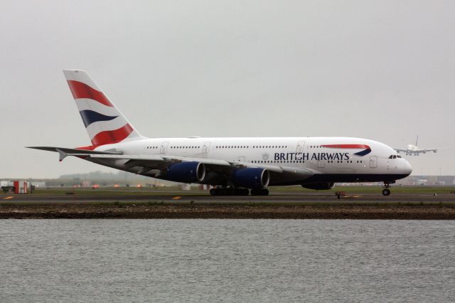 Airbus A380-800 (G-XLEL) - British Airways A380 arrival to BOS from LHR, followed by Lufthansa A380 in back arrival from Munich.