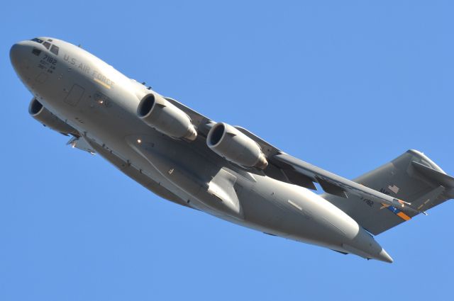 Boeing Globemaster III (N77182) - C-17 77182 from Joint Base Charleston over The Citadels Johnson Hagood Stadium on 5 November 2016 at start of game before The Citadel beat Samford University in overtime and stayed 9 and 0. All Citadel aircrew. 