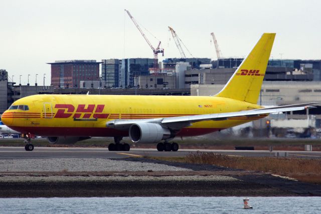 BOEING 767-200 (N657GT) - Amerijet B762 in DHL colors doing extra holiday freight work out of BOS on 11/28/21. Note the small 'Operated by Amerijet' titles on bottom of nose. 