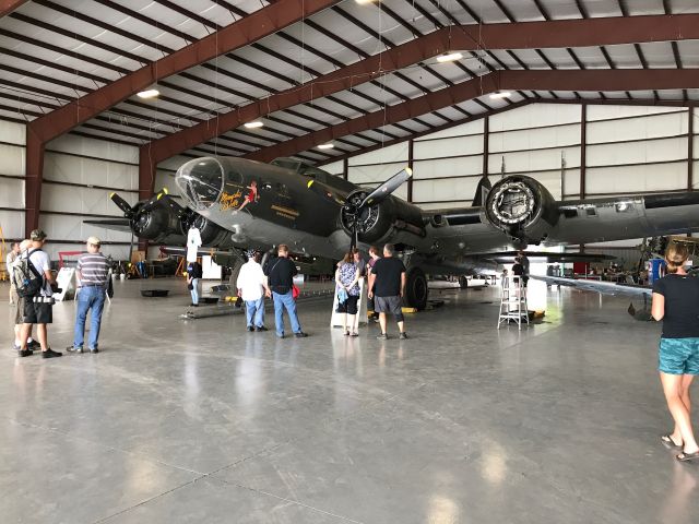 — — - B-17 movie Memphis Belle in the hanger at National Warplane Museum