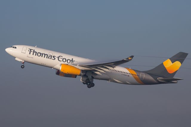 Airbus A330-200 (G-MDBD) - TCX2752 generating wing fog and tip vortices on a very cold and foggy day at Manchester as she departs for Orlando
