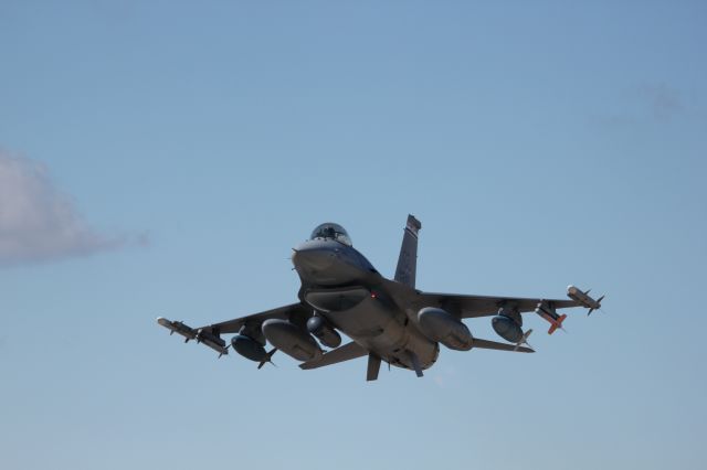 Lockheed F-16 Fighting Falcon — - This F16 from the 140th Colorado National Guard unit at Buckley AFB was departing runway 14 on its way to bombing practice. It was zipping by me in afterburner at 250+ knots, so I found it difficult to get centered shots.