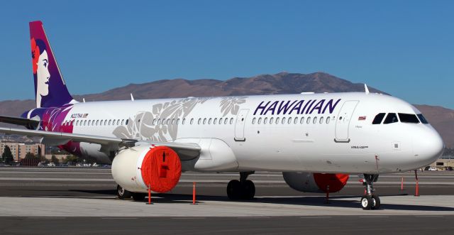 Airbus A321neo (N227HA) - HAL's "Olopua" (N227HA) on the Atlantic Aviation ramp after bringing the University of Hawai'i Rainbow Warriors here to play the University of Nevada Wolfpack in a Mountain West Conference football game.