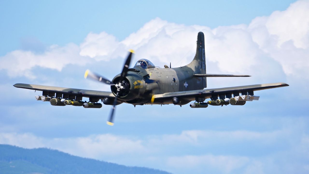 N965AD — - Heritage Flight Museum Warbird Weekend 8.19.17. A Douglas AD-4NA Skyraider "THE PROUD AMERICAN" (Ser #126965) makes a pass over Rwy 22.