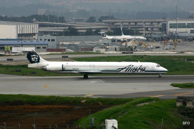 McDonnell Douglas MD-83 (N950AS) - KSFO - I almost thought this was SEA until I realized it was not raining. This jet set to depart Runway 1R in this Feb 2005 view. Hit full view.