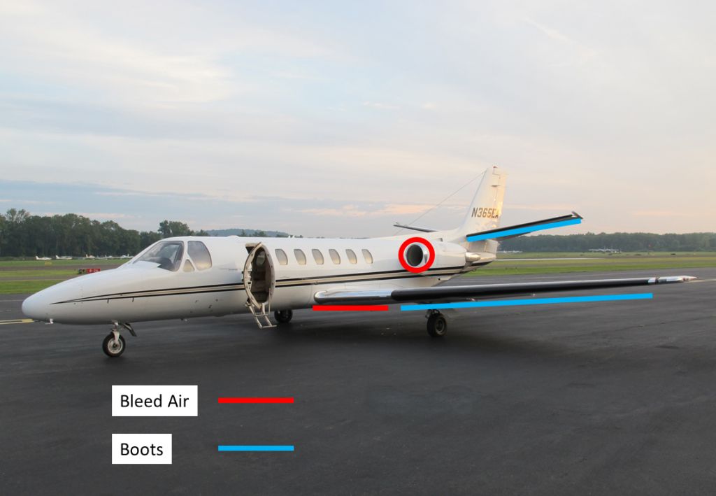 Cessna Citation V (N365EA) - This photo shows which areas are protected from ice by bleed air and which areas have boots.