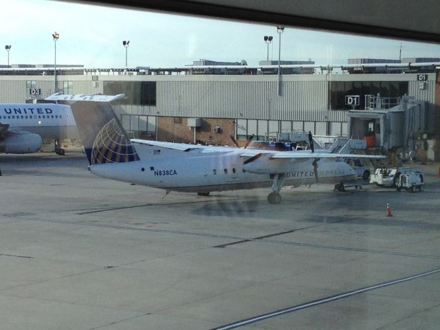 de Havilland Dash 8-300 (N838CA) - N838CA at Philadelphia International Airport (KPHL) on October 1, 2012. N838CA is at gate D1 in this picture.