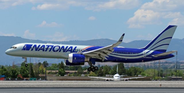 Boeing 757-200 (N963CA) - On a blisteringly hot afternoon (119 degrees F on Runway 16R), National's N963CA is a few heartbeats away from completing a flight from Detroit Metro Wayne (KDTW) on a USMC charter trip that will take it back east to Newark Liberty International (KEWR).