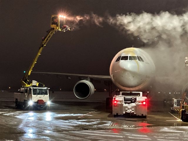 Airbus A300F4-600 (N651FE) - FedEx Airbus  "Whitney" is getting the deicing treatment after her arrival from Fargo ND FDX Flight 325.