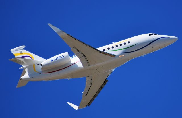 Dassault Falcon 2000 (N7600G) - The second SAS institute bird (the other is a BBJ), in their lovely rainbow ribbon livery.  First pic of their Falcon in the database.  From the RDU observation deck, 3/4/18.