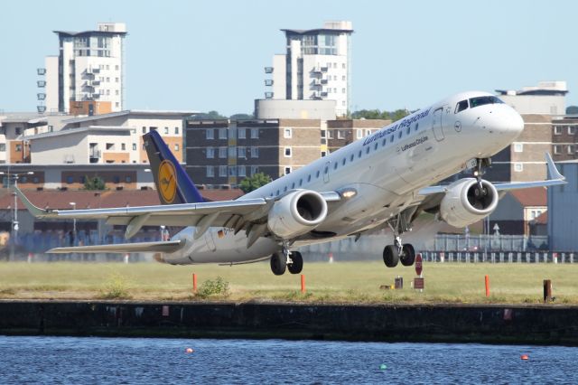 Canadair Regional Jet CRJ-900 (D-AECE) - Departing London City Airport.