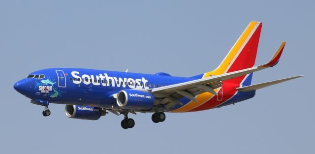 Boeing 737-700 (N947WN) - Southwests N947WN, the B737 fleetbird displaying the special Shark Week "Bull Shark" nose art design, is captured as it covers the final five thousand feet of its short final to Reno Tahoe Internationals 16R earlier today. N947WN was arriving from KLAX when this pic was clicked at ten minutes before straight-up high noon. br /At this moment, as I post this snap into my FA photo gallery folder, N947WN is again en route to RNO for the second time in eight hours, but this time it is coming to Reno from Las V (KLAS).br /*** R.J. >>> I was very surprised early last evening when I ran a quick "tracking check" of N947WN. Because it was the last one I needed in order to have captures of all five, I was tracking it frequently. And the instant I ran my check on it at dinnertime via FA, todays KLAX-KRNO flight popped right up -- even tho the flight was not going to take place for another 20 hours. R.J., I dont know exactly HOW you made it happen, but I definitely know you caused that "very-far-in-advance notification" to appear on my computer the instant I ran that tracking check. Thank You very, VERY much, R.J. I am grateful beyond words. Please remember my offer - to you and to your lady. It is an open-ended offer -- no expiration date, my friend. Thank You again.