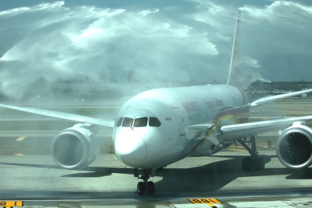 Boeing 787-8 (B-2759) - Hainan Inaugural service to KSJC receives Water Cannon Welcome at Gate 18 on arrival from PEK - Beijing  06-15-2015     