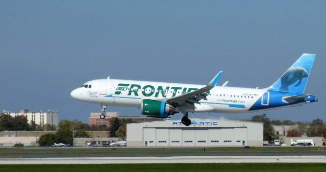 Airbus A320neo (N374FR) - About to touch down is this 2021 Frontier Airlines Airbus 320-251N with "Crystal" the Florida Manatee checking the view in the Autumn of 2023.