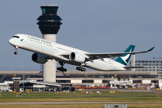 Airbus A350-1000 (B-LXG) - CX216 departs to Hong Kong past the control tower at Manchester