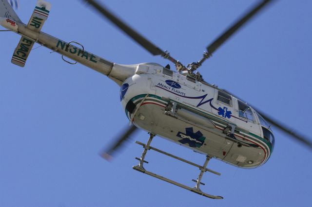 N131AE — - Mercy Flights medical helicopter taking off from Rogue Valley Medical Center, Medford, Oregon.