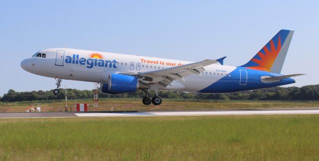 Airbus A320 (N234NV) - An Allegiant Air Airbus A320-214 arriving Runway 30 at Northwest Alabama Regional Airport, Muscle Shoals, AL - September 6, 2019, to pick up the University of North Alabama football team for a game in Missoula, Montana.