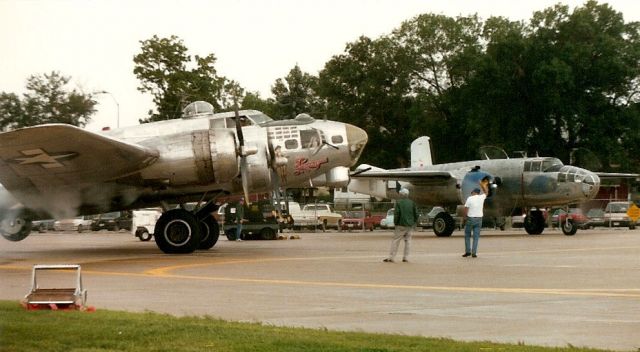 Boeing B-17 Flying Fortress — - B-17 and B-25 at Offutt AFB cranking up to do some fly-bys.