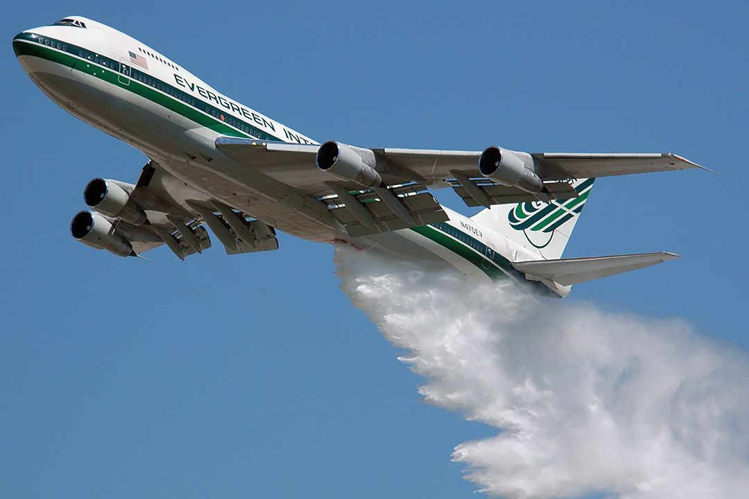 Boeing 747-200 (N470EV) - On Wednesday May 31, 2006, the Evergreen International 747-273C Supertanker N470EV flew from Boise, Idaho to the San Bernardino Airport with a load of 20,000 gallons of water that it dropped in a demonstration of its potential as a firefighter. This was the final demonstration in a tour that took the Supertanker to Sacramento California, the Aberdeen Proving Ground Maryland, Scott Air Force Base Illinois, Tallahassee Florida, and Boise.