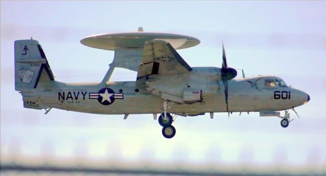 — — - E-2C Group 2 Plus of VAW-124 "Bear Aces" performing a touch-n-go at Myrtle Beach International Airport (KMYR) in Myrtle Beach, SC on 2/25/2019.