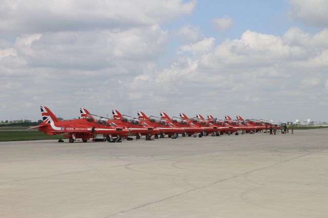 — — - The Red Arrow Flight Demo Team from the U.K. 1st performance at the Chicago Air and Water Show.