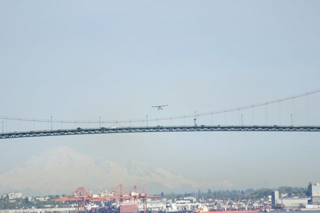 De Havilland Canada DHC-3 Otter — - 050214 DHC3T Turbo Otter outbound from Vancouver Harbour seaplane base about to pass over the Lionsgate Bridge