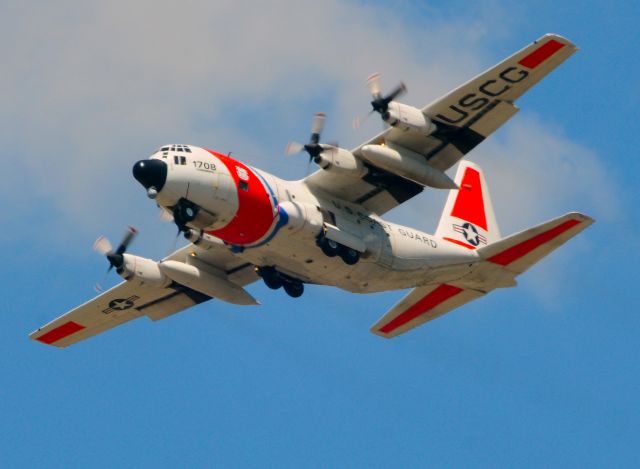 — — - U.S.Cost Guard C-130H 1708 based at McClellan Air Field sets up for a left base turn on approach to runway 16 , Sacramento,CA. KMCC,MCC