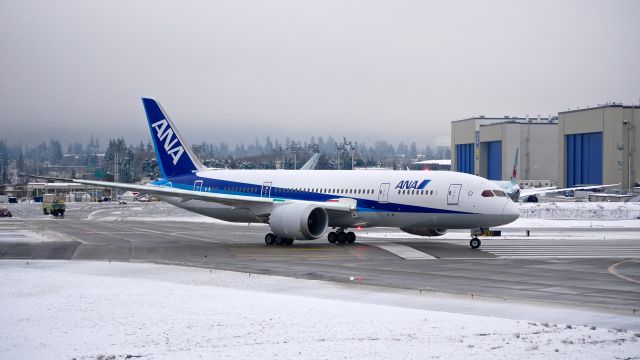 Boeing 787-8 (ET-ATI) - BOE8 taxis from the Boeing ramp onto Rwy 16R for a ferry flight to KVCV on 2.6.17. (ln 18 / cn 34487). The aircraft will have the ANA livery removed and be replaced with the ETH livery at KVCV before return to KPAE.