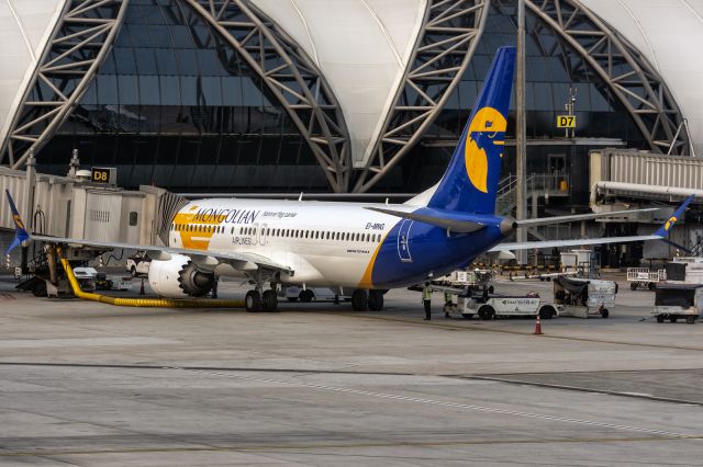 Boeing 737 MAX 8 (EI-MNG) - 11th March, 2023: Parked at the gate after operating as Mongolian flight OM 703 from Chinggis Khaan Int'l Airport in Ulaanbaatar.