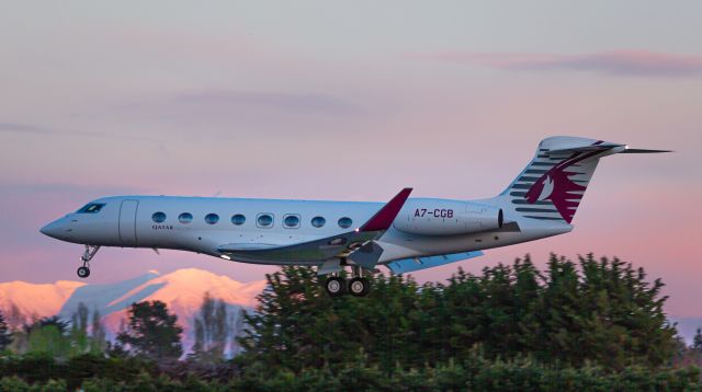 Gulfstream Aerospace Gulfstream G650 (A7-CGB) - QQE184 from WMKK arriving at sunrise.