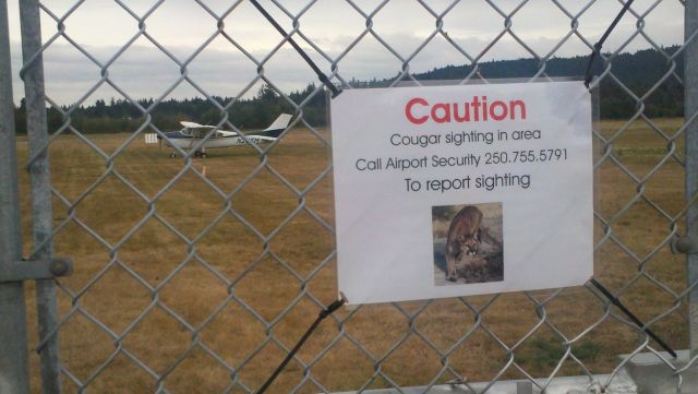 Cessna Skylane (N225M) - Nanaimo, BC September 17, 2011.  Id tied down my 182 and came back after a week of sailing to find this note on the gate.  Not a surprise that there would be cougars around since the airfield is occupied by dozens of feral domestic rabbits!  I like that the airport management added a photo, just in case I didnt know what a cougar was!