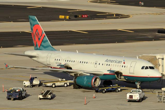 Airbus A319 (N838AW) - American Airbus A319-132 N838AW in retro America West livery at Phoenix Sky Harbor on January 8, 2016. It first flew on November 9, 2005. Its construction number is 2615. It was delivered to America West on November 17, 2005. It was transferred to US Airways on January 14, 2006 and merged into the American Airlines fleet on December 10, 2013.