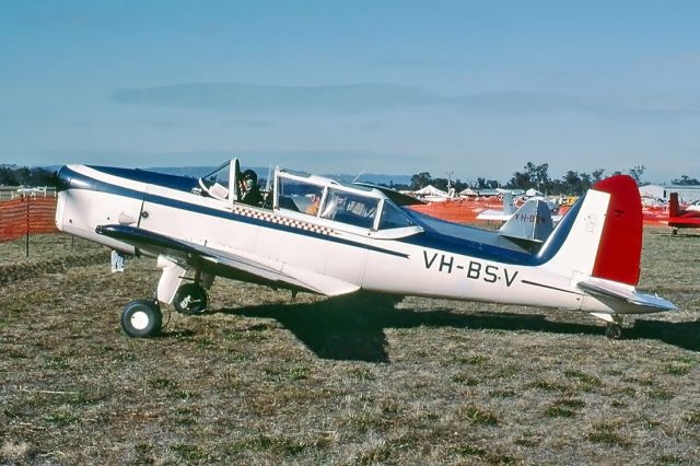 Cessna Skyhawk (VH-BSV) - ONE OF THE CHIPMUNKS ON DISPLAY AT THE MANGALORE AIR SHOW OF 1992. DE HAVILLAND DHC-1 CHIPMUNK 22 - REG : VH-BSV (CN C1/0062) - MANGALORE VIC. AUSTRALIA - YMNG 35MM SLIDE SCANNED WITH A EPSON PERFECTION V700 FLATBED SCANNER.