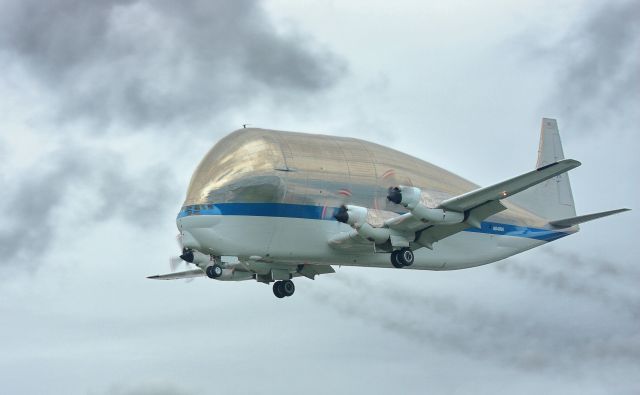 Aero Spacelines Super Guppy (N941NA) - 120630 Super Guppy NASA 941NA Approaching Boeing Field Smoke Trails (Delivering Space Shuttle Training Module to Museum of Flight)