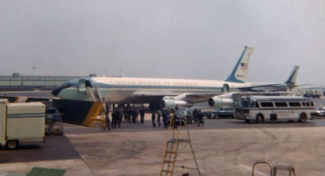 Boeing 707-100 (58-6970) - There are many photos of this aircraft already in the FA gallery because this former Air Force One presidential jet is now on display in the Air Park at the Museum of Flight in Washington state, but the only picture in the gallery showing this VC-137B (special variant of a Boeing 707) when it was in actual use as SAM 970 is this old Kodak 620 film snap I took at JFK in the later 1960s.  Although this aircraft was the first actual jet to be used as the POTUSs Air Force One, by the time I snapped it here at Kennedy it had been replaced by SAM 26000.  When I clicked it; however, it was still being used for official government trips and it was designated SAM (Special Air Mission) 970.  I got another photo of it over 40 years later when I visited the Museum of Flight in 2009 and discovered it there on display in the Air Park.  