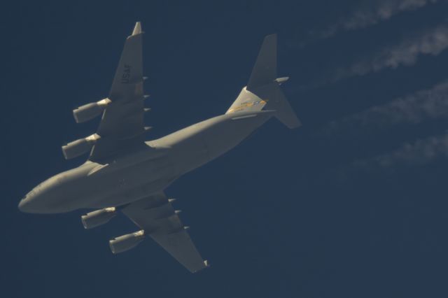 Boeing Globemaster III (1000221) - 26-5-2014br /USAF Boeing Globemaster 3 Tail Number 10-00221 (P221) working callsign "Reach 104" today. This aircraft is based at Charleston AFB. Photographed Overhead North West England,UK at Altitude 38,000ft (12km). She looks so graceful in the cruise !br / br /Searching the usual Internet databases, not many photos of this aircraft are available.br /I was Lucky having a clear sky to capture this very fine looking C-17 .