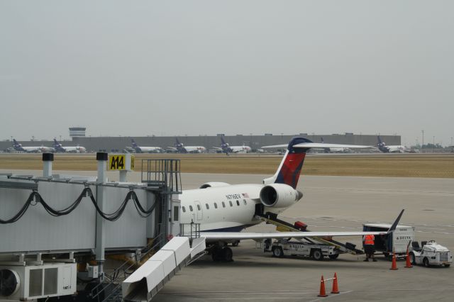 Canadair Regional Jet CRJ-700 (N716EV) - Huge Fedex fleet in the background.....I almost always fly home into Indy at night, so it was fun to see the whole fleet out in the light