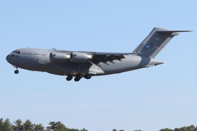 Boeing Globemaster III (89-0003) - 'BARTOK 20' arriving from Ørland Main Air Station, Brekstad, Trøndelag in Norway. The NATO Strategic Airlift Capability (SAC) is operated by the Heavy Airlift Wing (HAW) at Pápa Airbase in Hungary  (10/12)