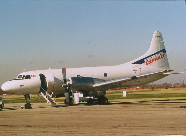 CONVAIR CV-580 (C-FKFA) - This photograph taken back In 1990s,at Hamilton Intl Airport,I thought it would be nice to share this photo since it is unique. This is scaned from one of my slides so picture quality is not the best.