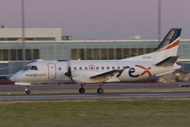 Saab 340 (VH-VNA) - Feb 6, 2020, 0641 hrs. Taking off from runway 23. The sun is a few minutes from cresting the Adelaide Hills.