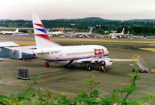 Boeing 737-500 (OK-XGB) - KRNT - new 737-555 for CSA on the ramp at Boeing-Renton. This jet still flies for Czech as the retro 1950 s paint scheme. photo date June 1992.